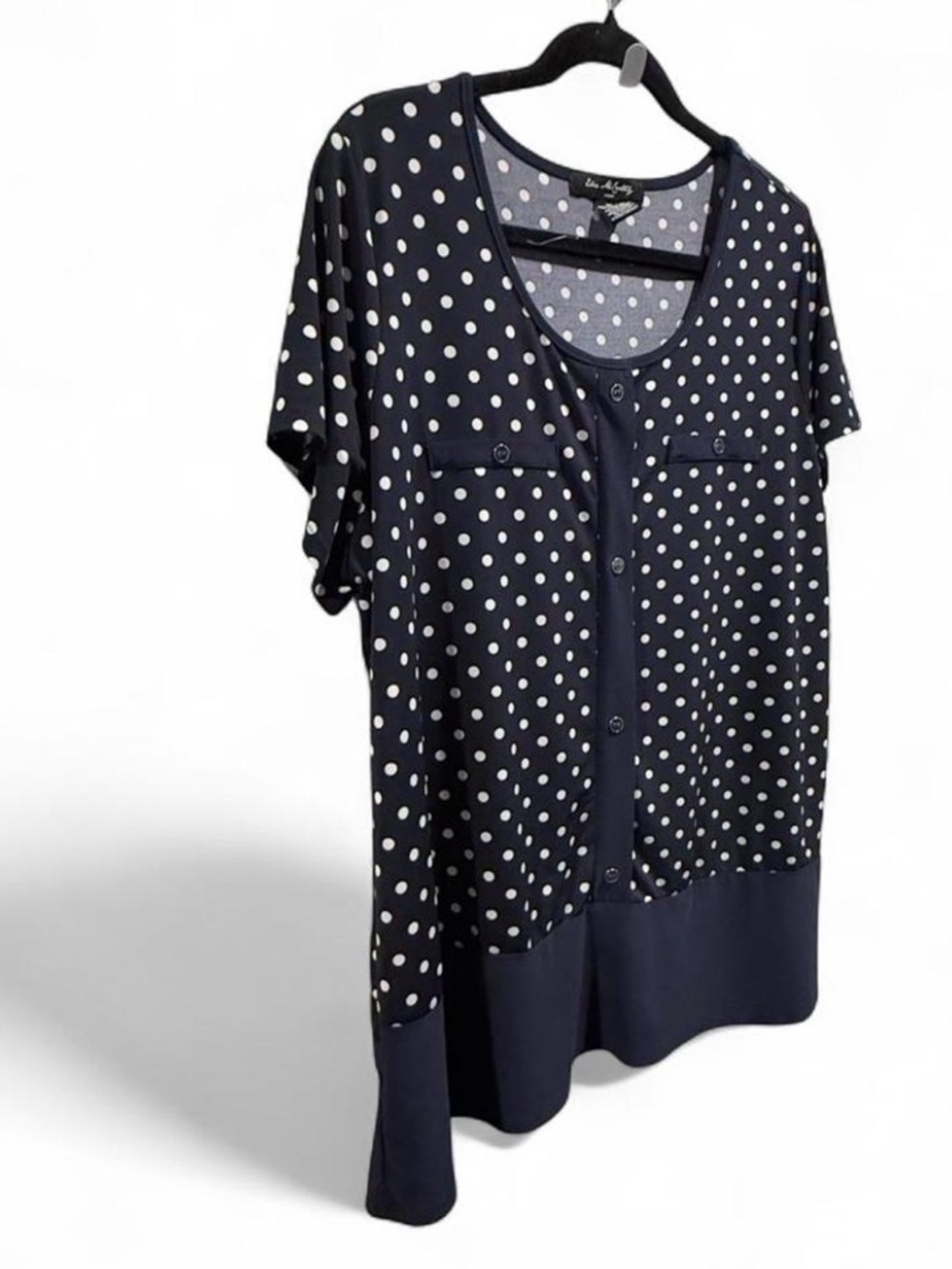 Elie McCarthy Navy Polka Dot Short Sleeve Button Front Top - Picture 2 of 5